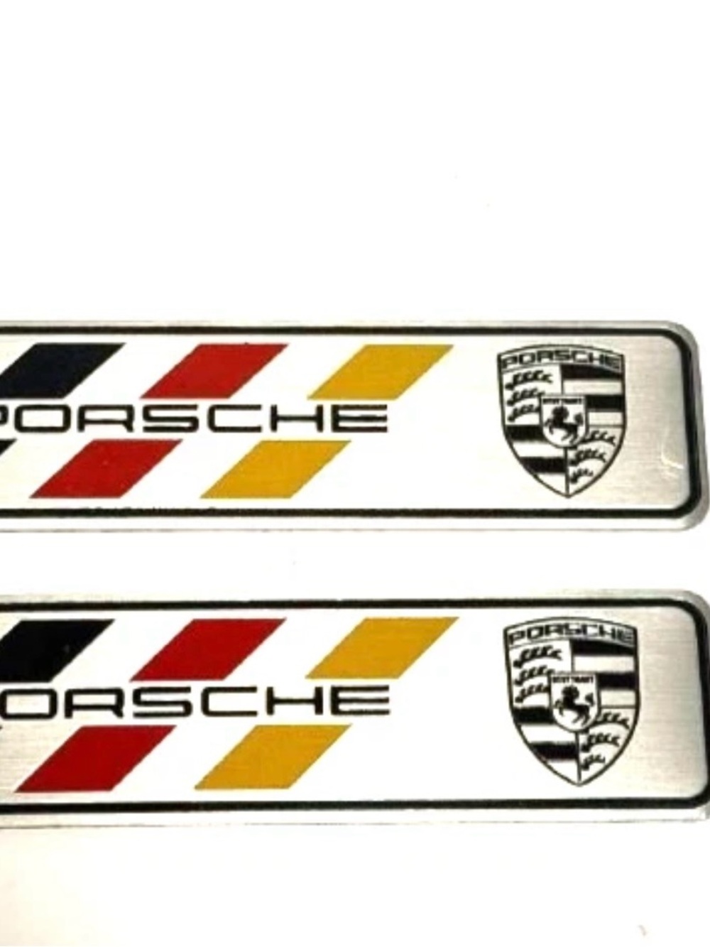 Porsche Design Silver Badge Strips with Black, Red & Yellow Accents - Set of 2